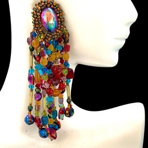 Red ab vintage multi color glass shoulder duster hand beaded clip back earrings